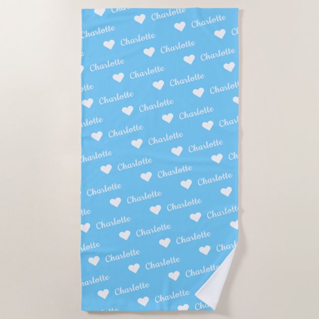 Sky Blue Repeating Name Script Heart Beach Towel (Front)