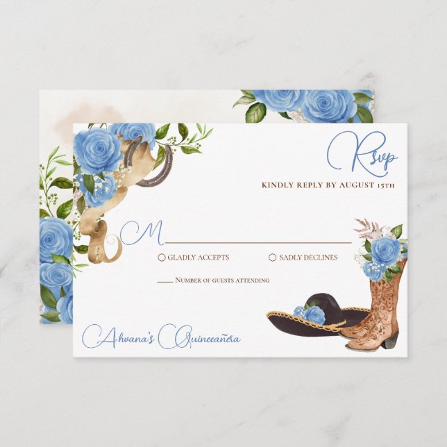 Sky Blue Rose Charro Western Quinceanera RSVP Card (Front/Back)