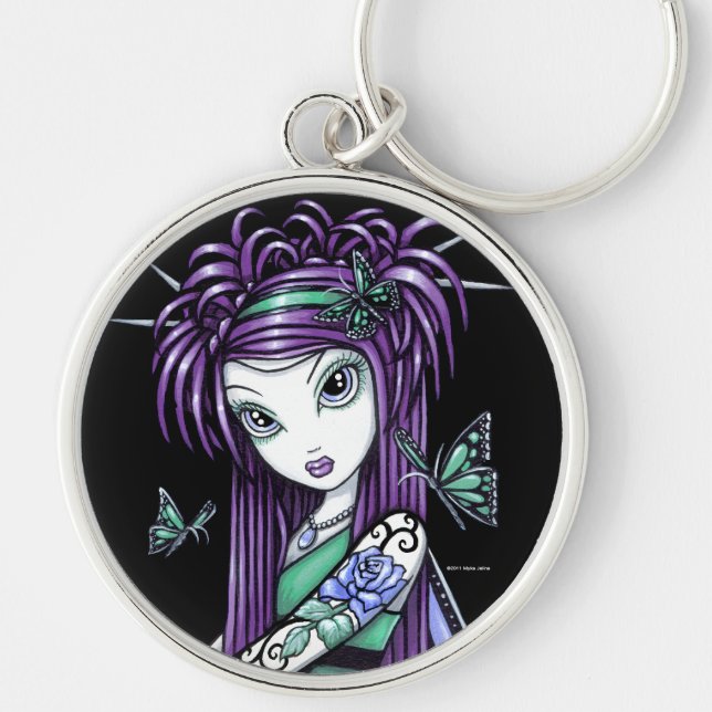 "Sky" Blue Rose Tattoo Butterfly Fairy Keychain (Front)