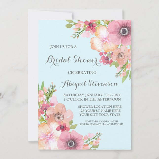 Sky Blue Rustic Pink Flowers Bridal Shower Invitation (Back)
