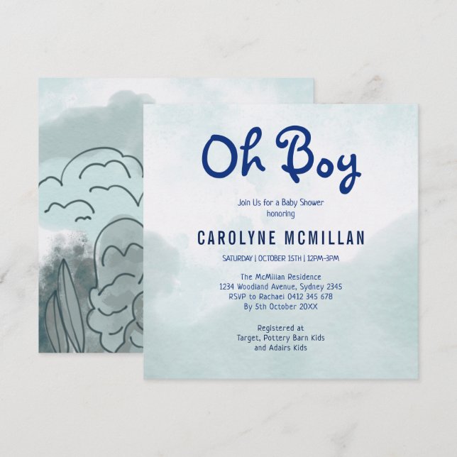 Sky Blue Sage Greenery Botanical Baby Boy Shower Invitation (Front/Back)