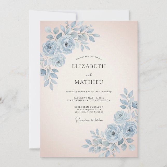 Sky Blue Serene Floral Wedding Invitation (Front)