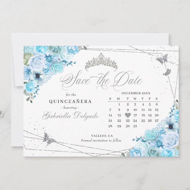 Sky Blue & Silver Quinceañera Save The Date Invitation (Front)