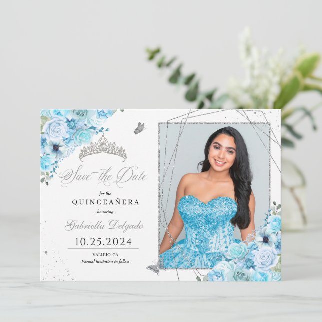 Sky Blue & Silver Quinceañera Save The Date Photo Invitation (Standing Front)