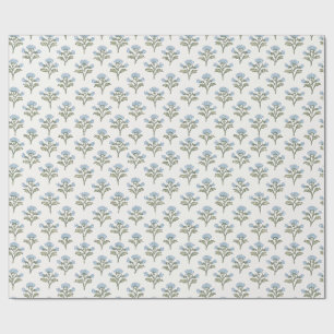 Sky Blue Sprig Block Print, Olive Leaf Wrapping Paper