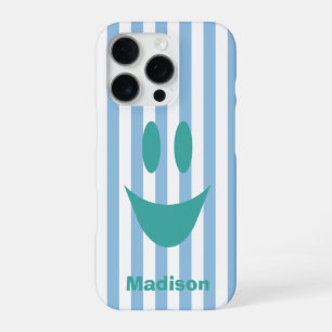 Sky Blue Stripes Cute Mint Smiley iPhone 16 Pro Case