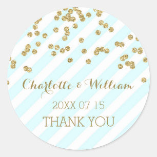 Sky Blue Stripes Gold Confetti Wedding Favour Tags