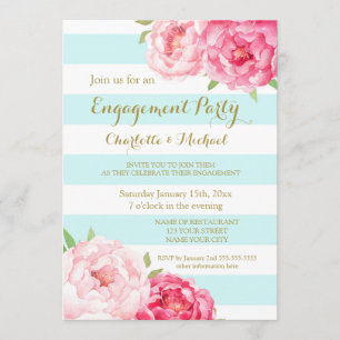 Sky Blue Stripes Pink Engagement Party Invitation