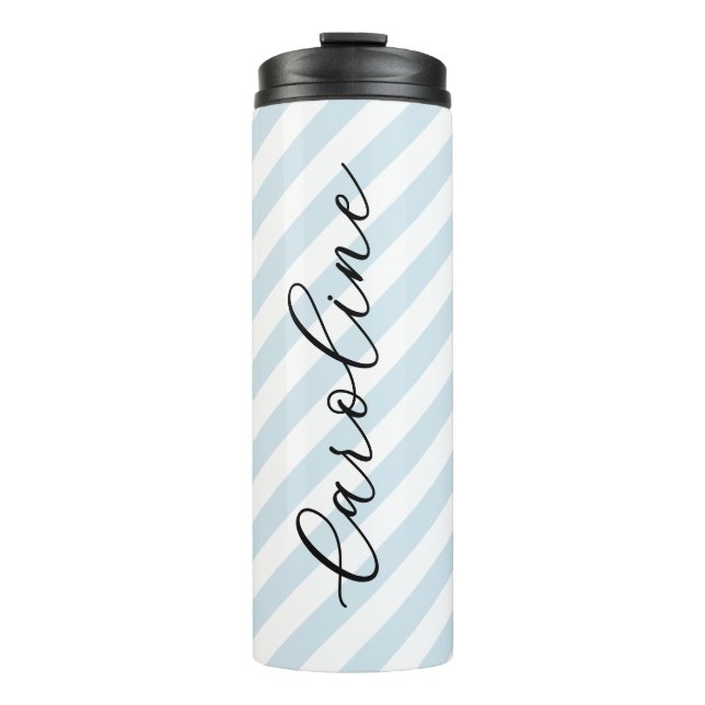 Sky Blue Stripes Script Monogram Thermal Tumbler (Front)