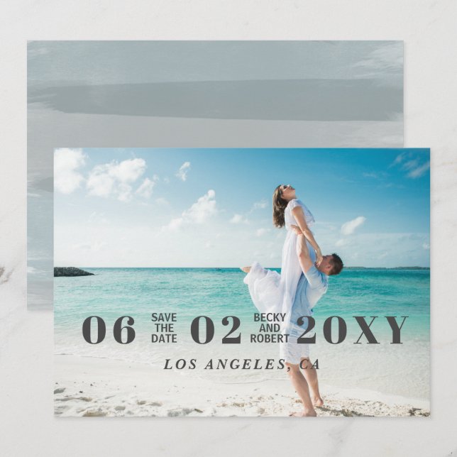 Sky Blue Stylish Simple Modern Typography Photo Save The Date (Front/Back)