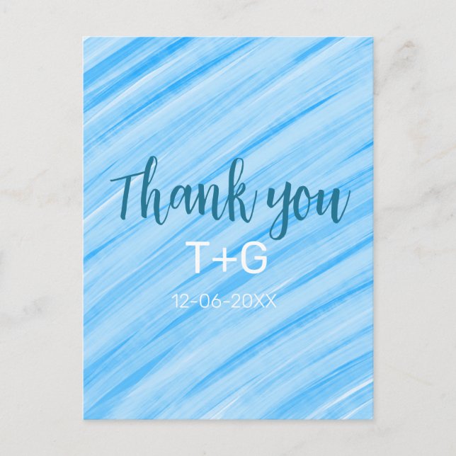 Sky blue thank you add couple name date year text postcard (Front)