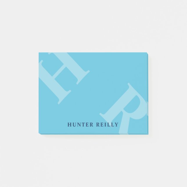 Sky Blue Tilted Initials & Navy Blue Name Post-it Notes (Front)