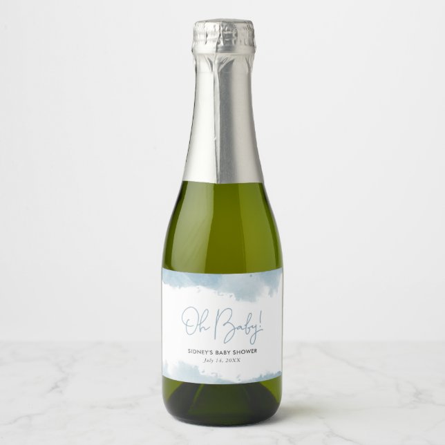 Sky Blue Watercolor Baby Shower Sparkling Wine Label (Front)