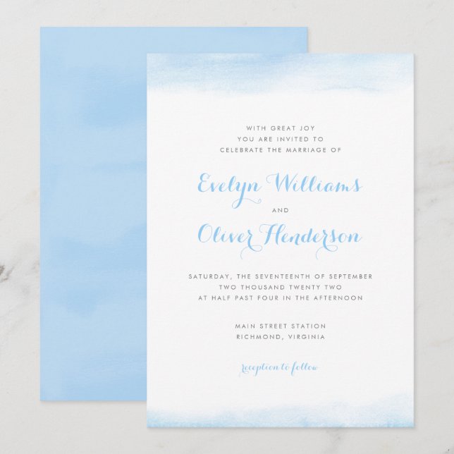 Sky Blue Watercolor Dip Wedding Invitation (Front/Back)