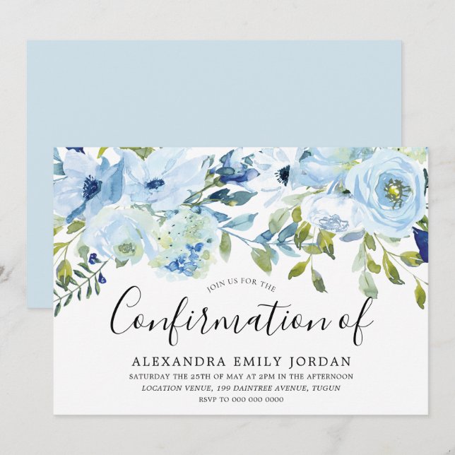 Sky Blue Watercolor Floral Confirmation Invitation (Front/Back)