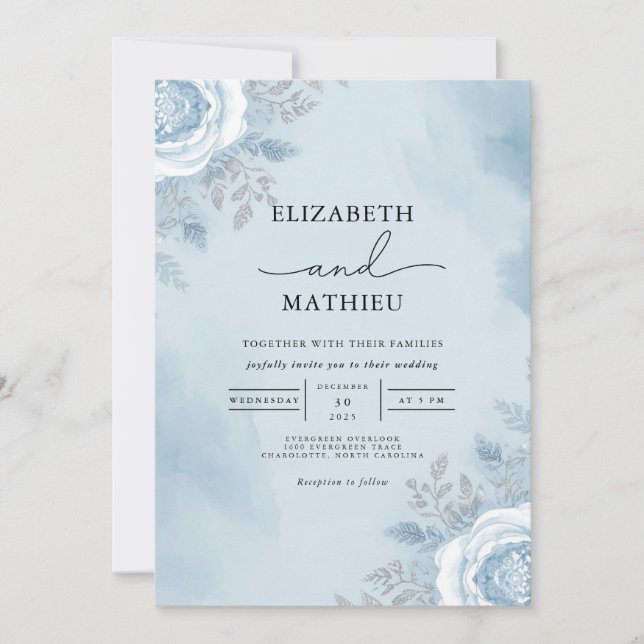Sky Blue Watercolor Floral Wedding Invitation (Front)