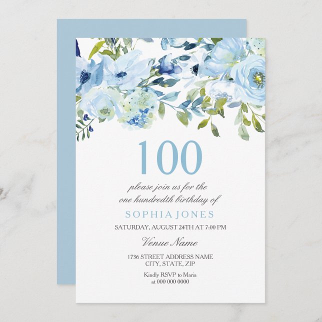 Sky Blue Watercolor Flowers 100th Birthday Party Invitation (Front/Back)