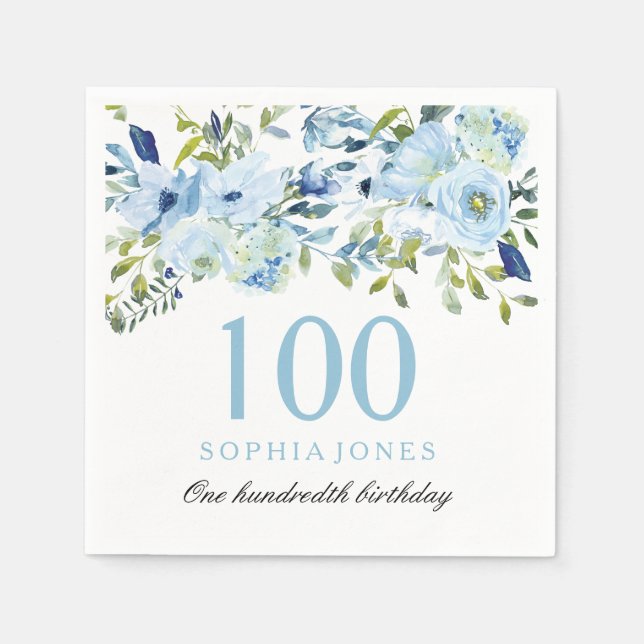Sky Blue Watercolor Flowers 100th Birthday Party Napkin (Front)