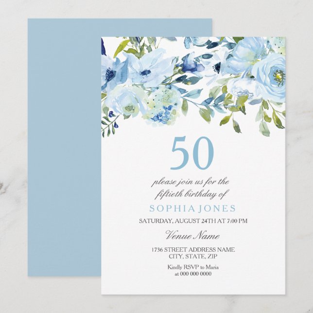 Sky Blue Watercolor Flowers 50th Birthday Party Invitation (Front/Back)