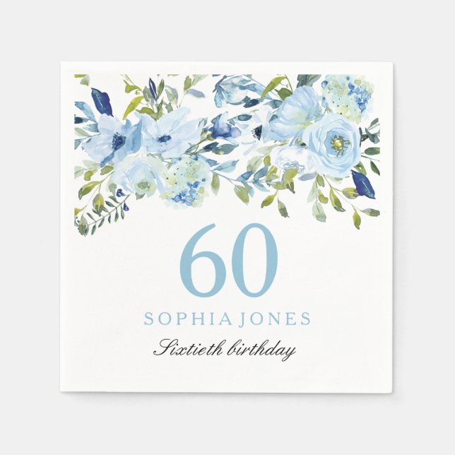 Sky Blue Watercolor Flowers 60th Birthday Party Napkin (Front)
