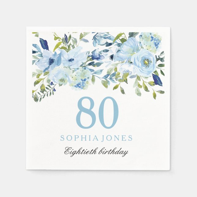 Sky Blue Watercolor Flowers 80th Birthday Party Napkin (Front)