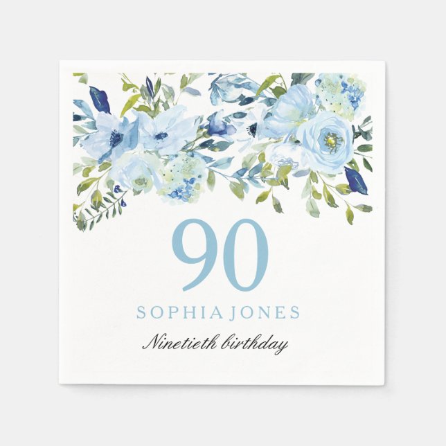 Sky Blue Watercolor Flowers 90th Birthday Party Napkin (Front)