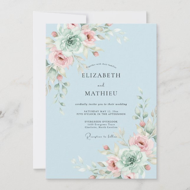 Sky Blue Whimsical Blossom Wedding Invitation (Front)