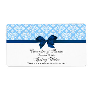 Sky Blue, White Damask Water Étiquette, Navy Bow