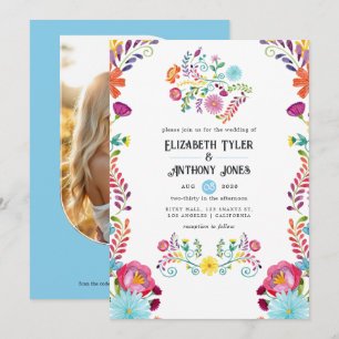 Sky Blue & White Floral Mexican Fiesta Wedding Invitation