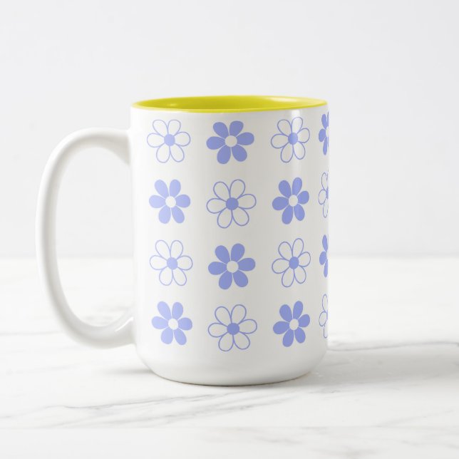 Sky Blue & White Flower Pattern on White Two-Tone Coffee Mug (Left)