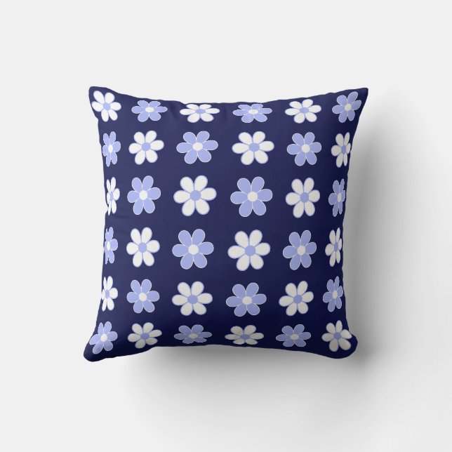 Sky Blue & White Flowers on Navy Blue Throw Pillow (Back)