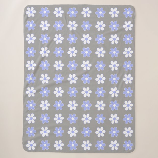 Sky Blue & White Flowers on Silver Grey Sherpa Blanket (Front)