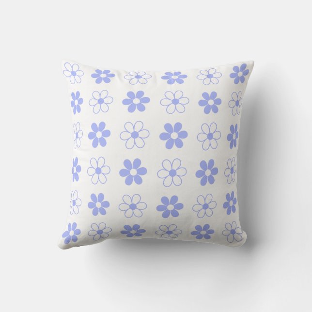 Sky Blue & White Flowers on White Throw Pillow (Back)