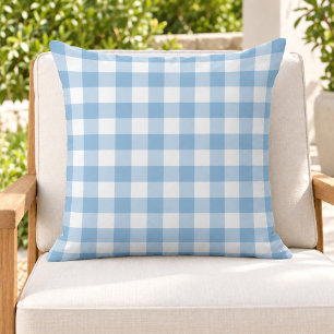 Sky Blue White Gingham Plaid Check Outdoor Pillow