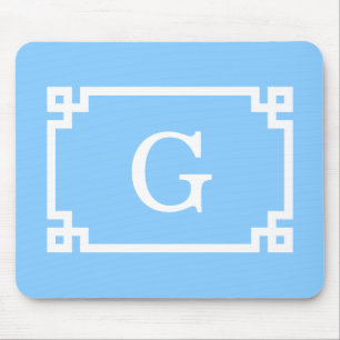 Sky Blue White Greek Key Frame #2 Initial Monogram Mouse Pad