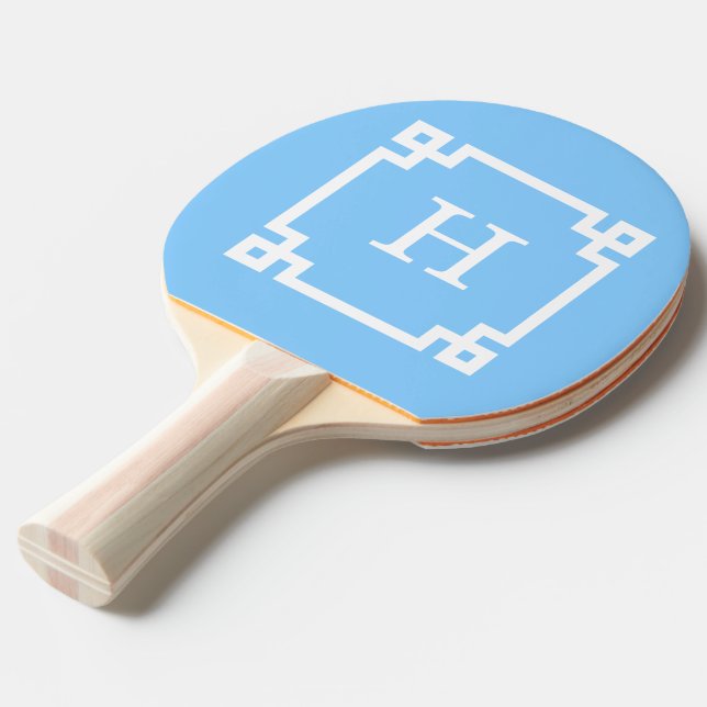 Sky Blue White Greek Key Frame #2 Initial Monogram Ping Pong Paddle (Front Angle)