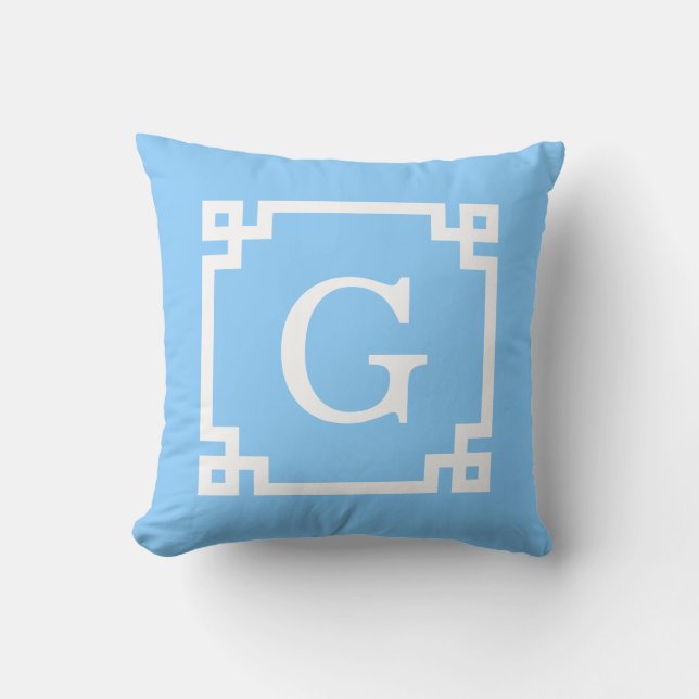 Sky Blue White Greek Key Frame #2 Initial Monogram Throw Pillow (Front)