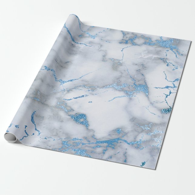 Sky Blue White Grey Marble Shiny Brushes Wrapping Paper (Unrolled)