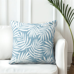 Sky Blue & White Palm Leaf Throw Pillow