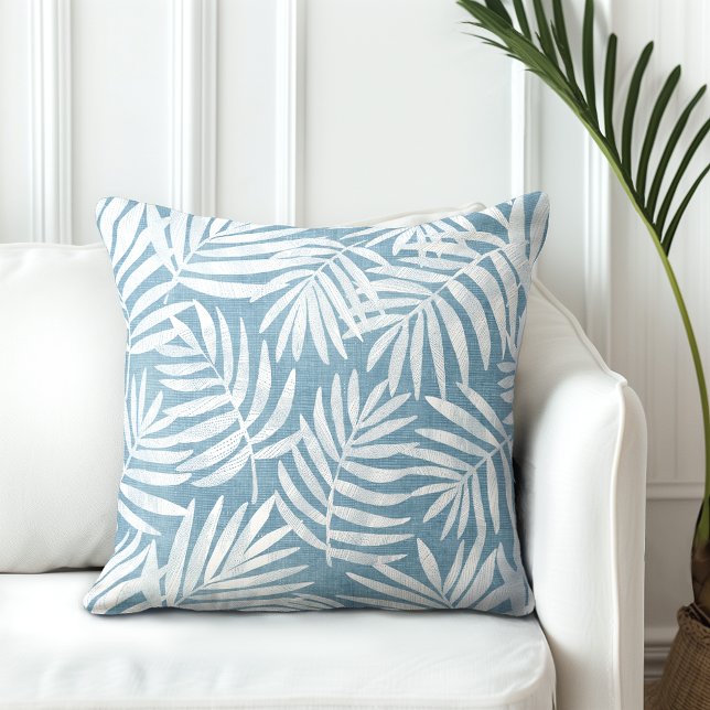 Sky Blue & White Palm Leaf Throw Pillow (Creator Uploaded)