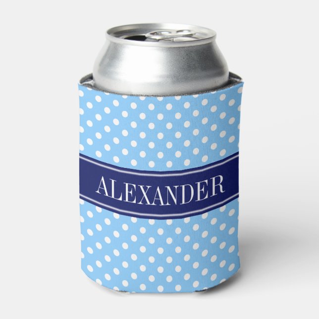Sky Blue White Polka Dots Navy Name Monogram Can Cooler (Can Front)