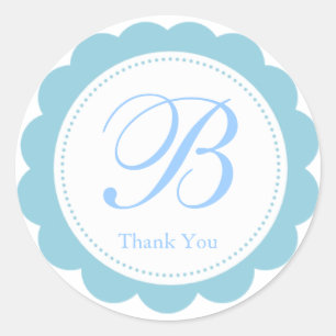 Sky Blue White Scalloped Circle Monogram Thank You Classic Round Sticker