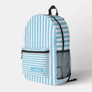 Sky Blue White Vintage Striped Name Printed Backpack