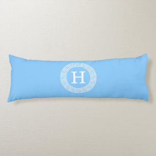 Sky Blue Wht Greek Key Rnd Frame Initial Monogram Body Pillow