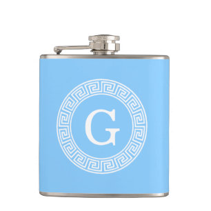 Sky Blue Wht Greek Key Rnd Frame Initial Monogram Hip Flask