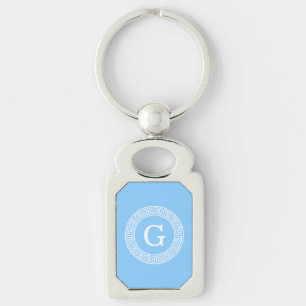 Sky Blue Wht Greek Key Rnd Frame Initial Monogram Keychain