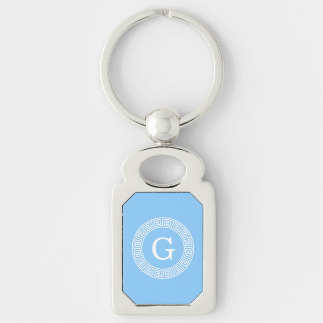Sky Blue Wht Greek Key Rnd Frame Initial Monogram Keychain (Front)