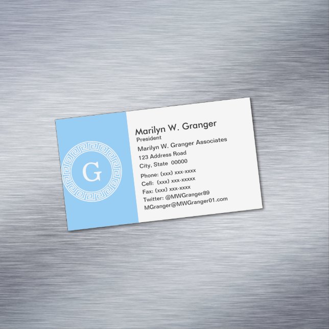 Sky Blue Wht Greek Key Rnd Frame Initial Monogram Magnetic Business Card (In Situ)