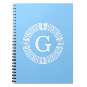 Sky Blue Wht Greek Key Rnd Frame Initial Monogram Notebook