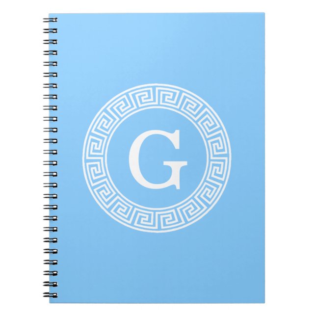 Sky Blue Wht Greek Key Rnd Frame Initial Monogram Notebook (Front)